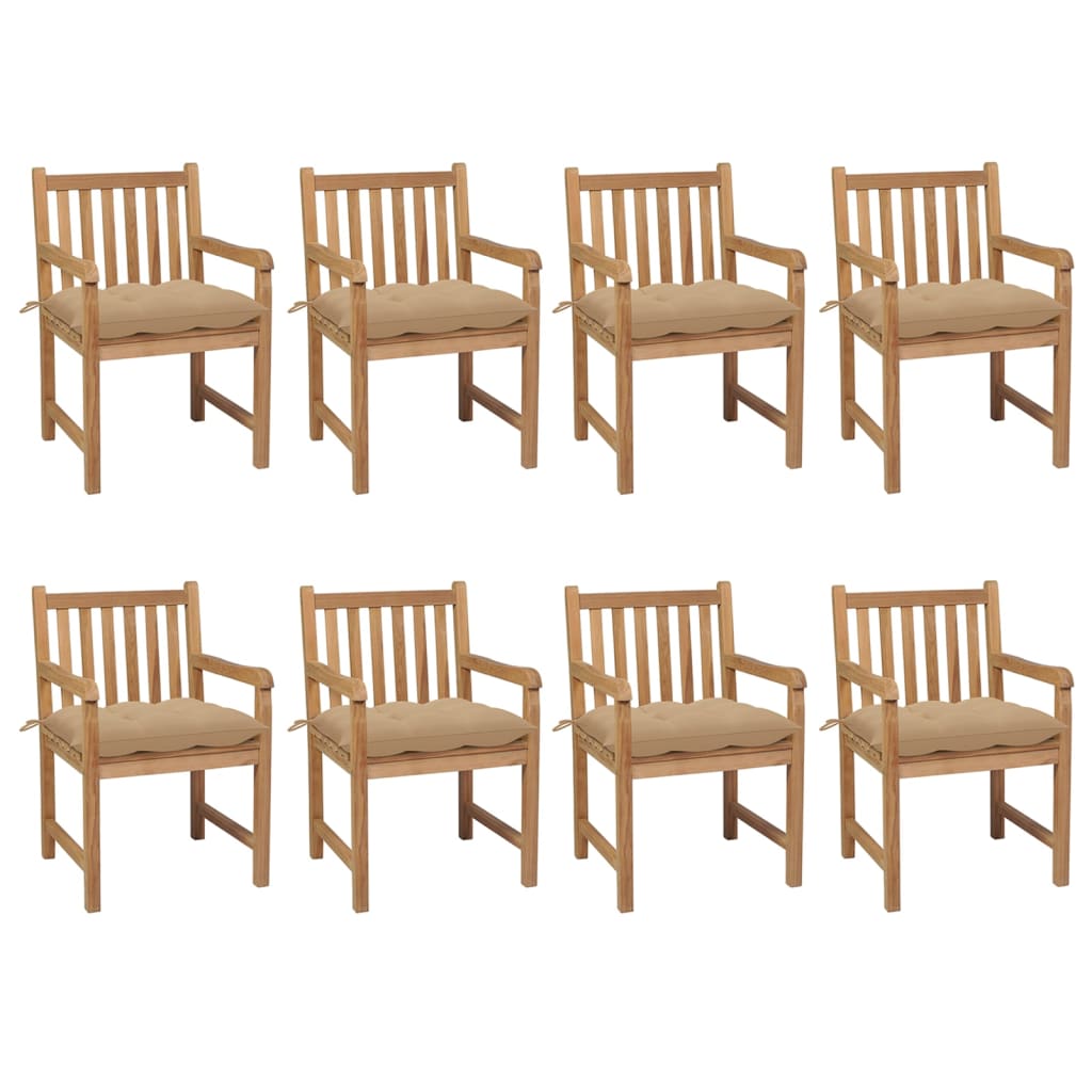 Tuinstoelen 8 st met beige kussens massief teakhout – afbeelding 1