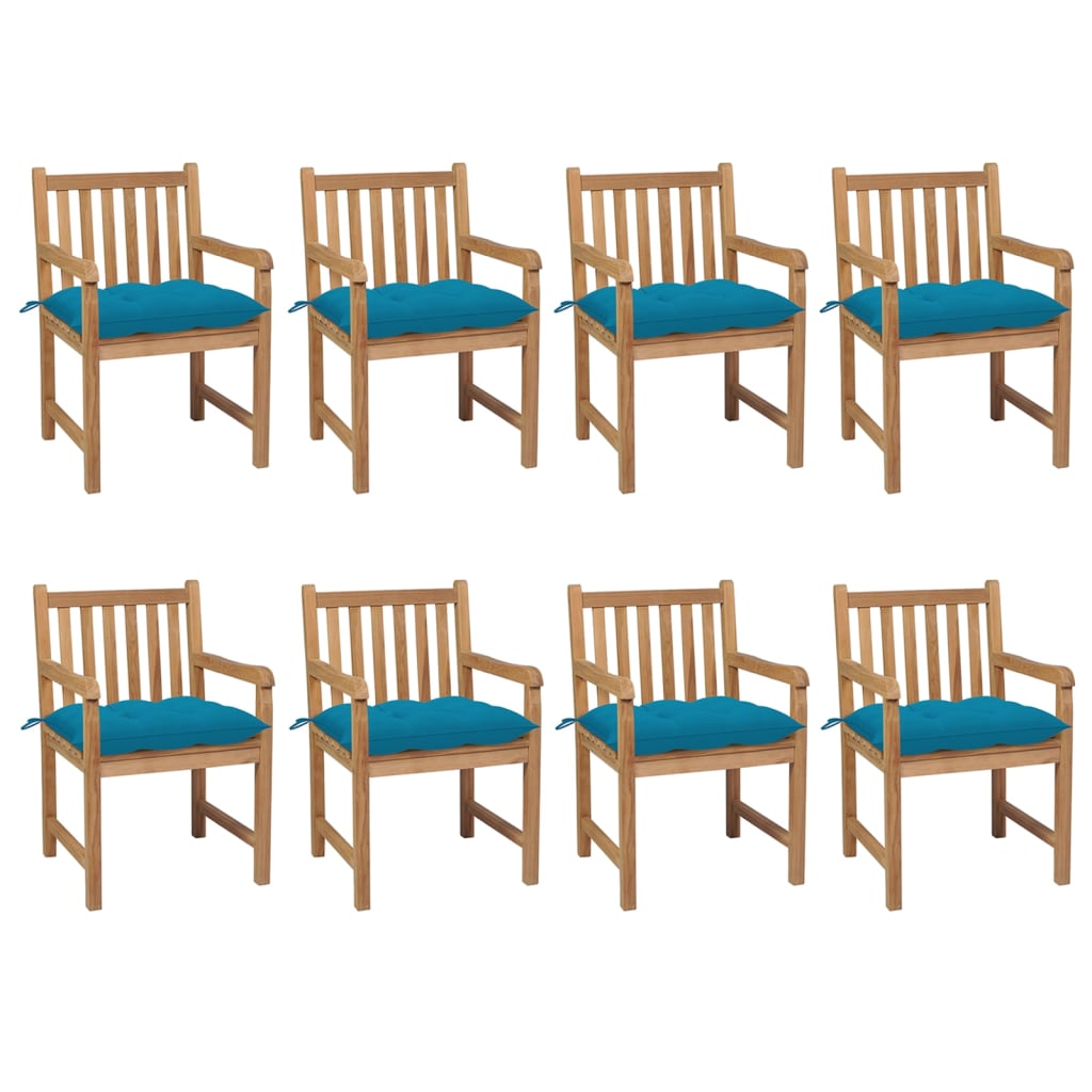 Tuinstoelen 8 st met lichtblauwe kussens massief teakhout – afbeelding 1