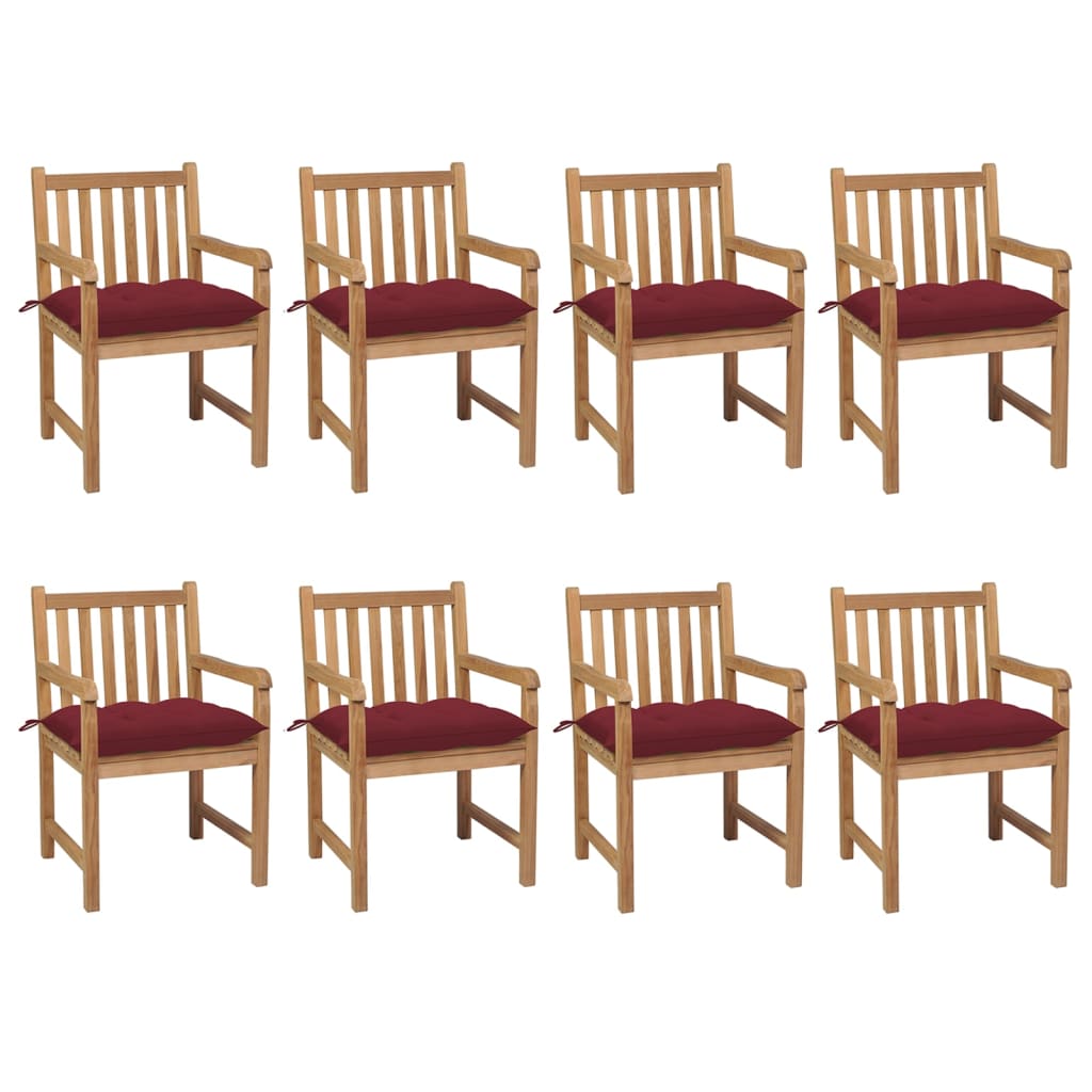 Tuinstoelen 8 st met wijnrode kussens massief teakhout