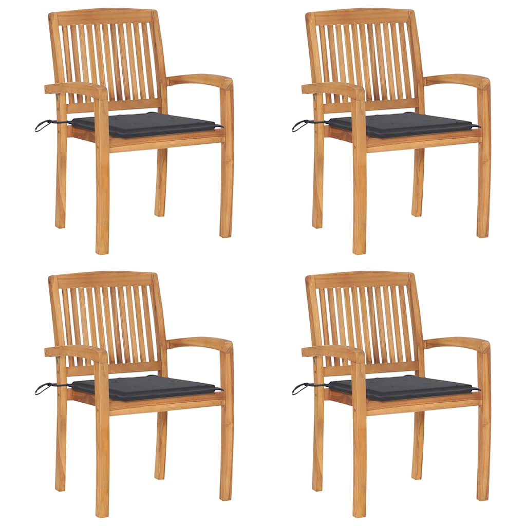 Tuinstoelen stapelbaar 4 st met kussens massief teakhout
