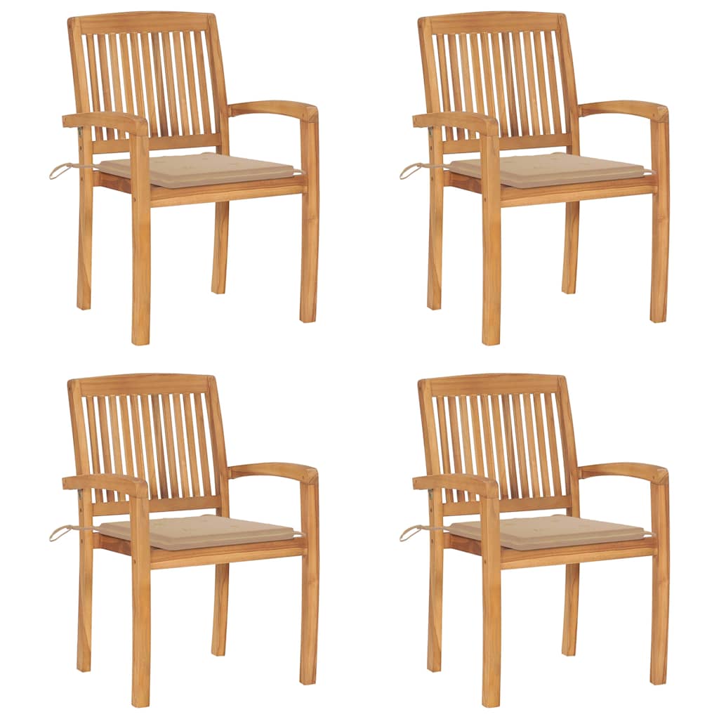Tuinstoelen stapelbaar 4 st met kussens massief teakhout – afbeelding 1