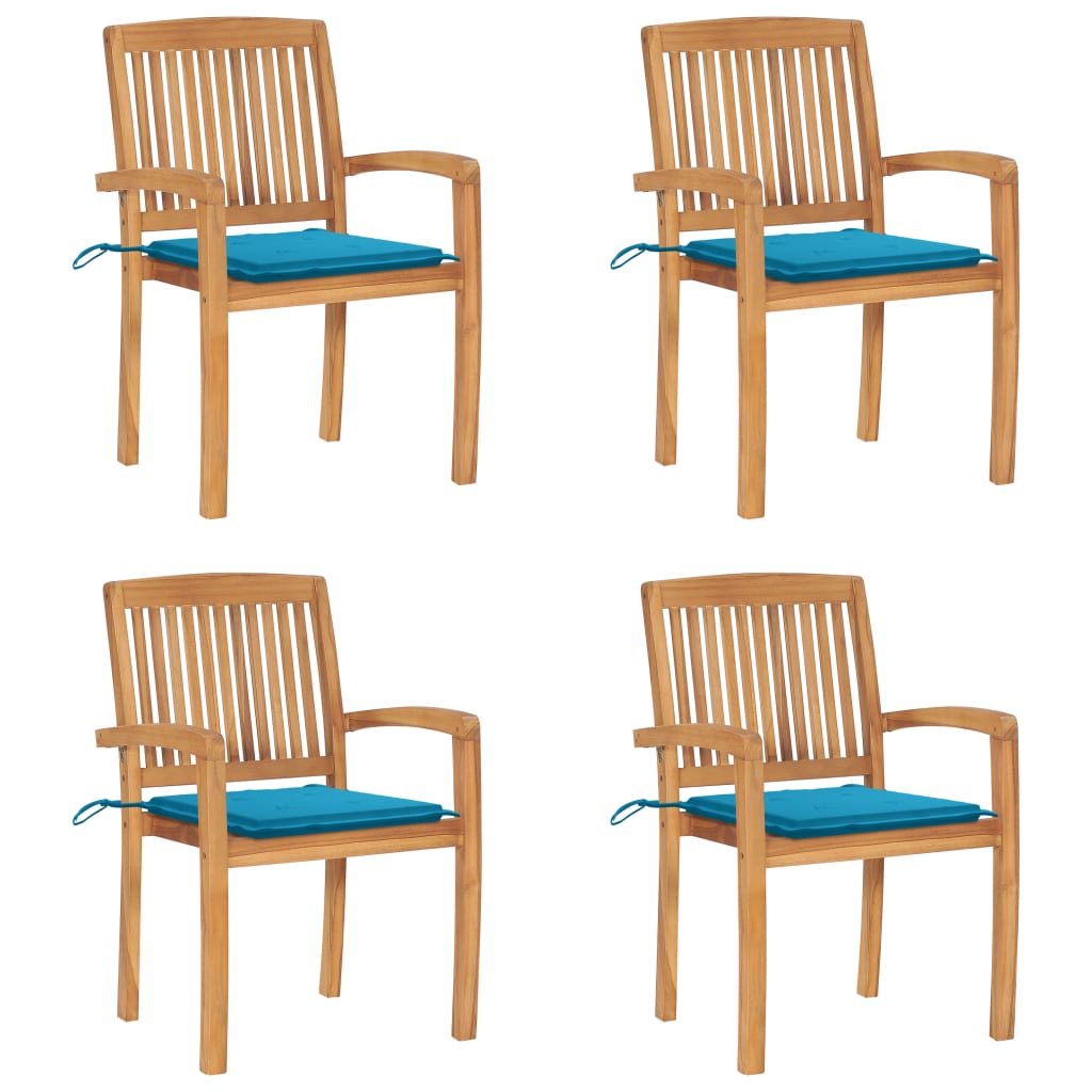 Tuinstoelen stapelbaar 4 st met kussens massief teakhout – afbeelding 1