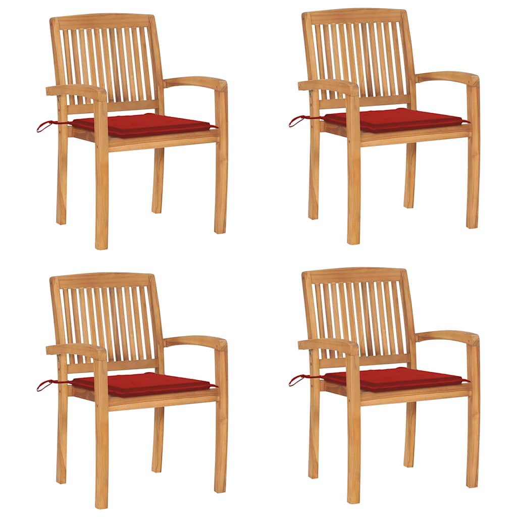 Tuinstoelen stapelbaar 4 st met kussens massief teakhout – afbeelding 1