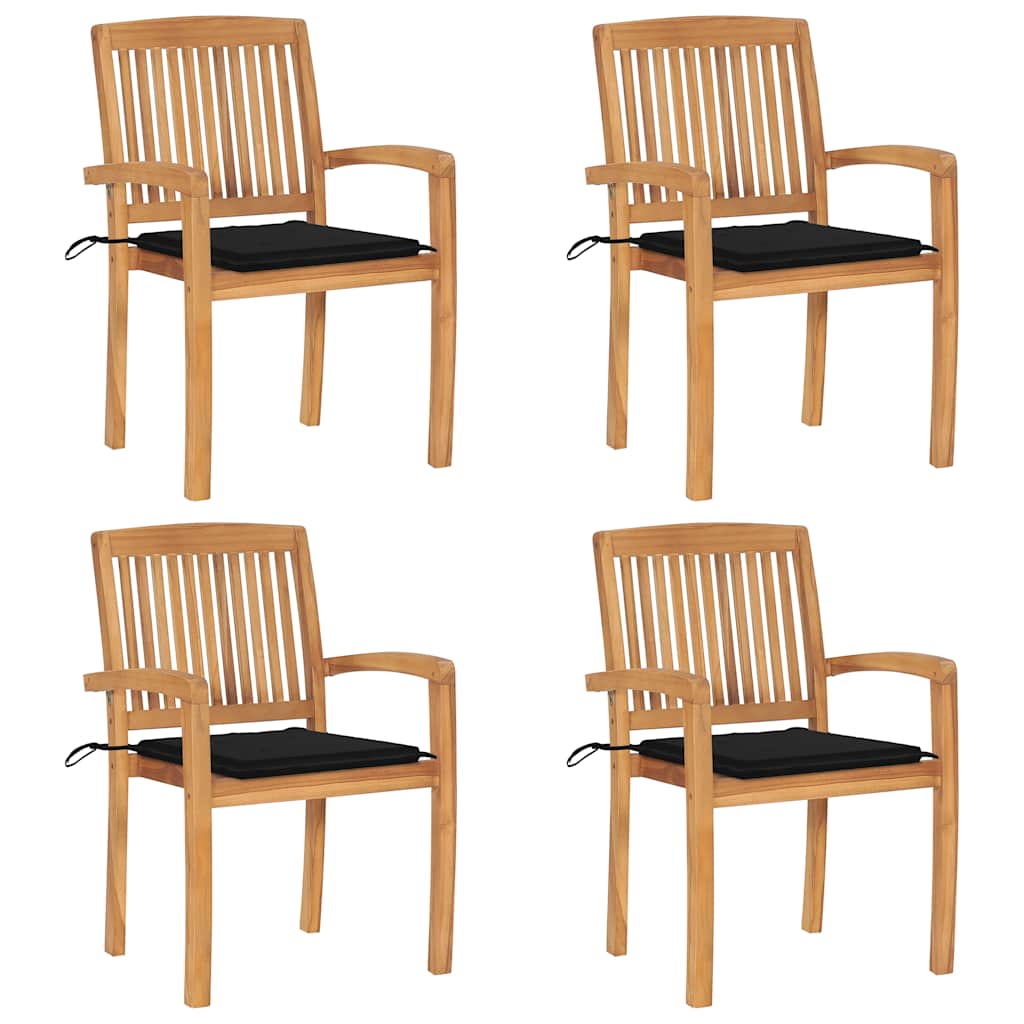 Tuinstoelen stapelbaar 4 st met kussens massief teakhout – afbeelding 1