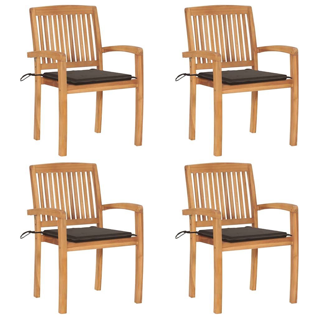 Tuinstoelen stapelbaar 4 st met kussens massief teakhout – afbeelding 1