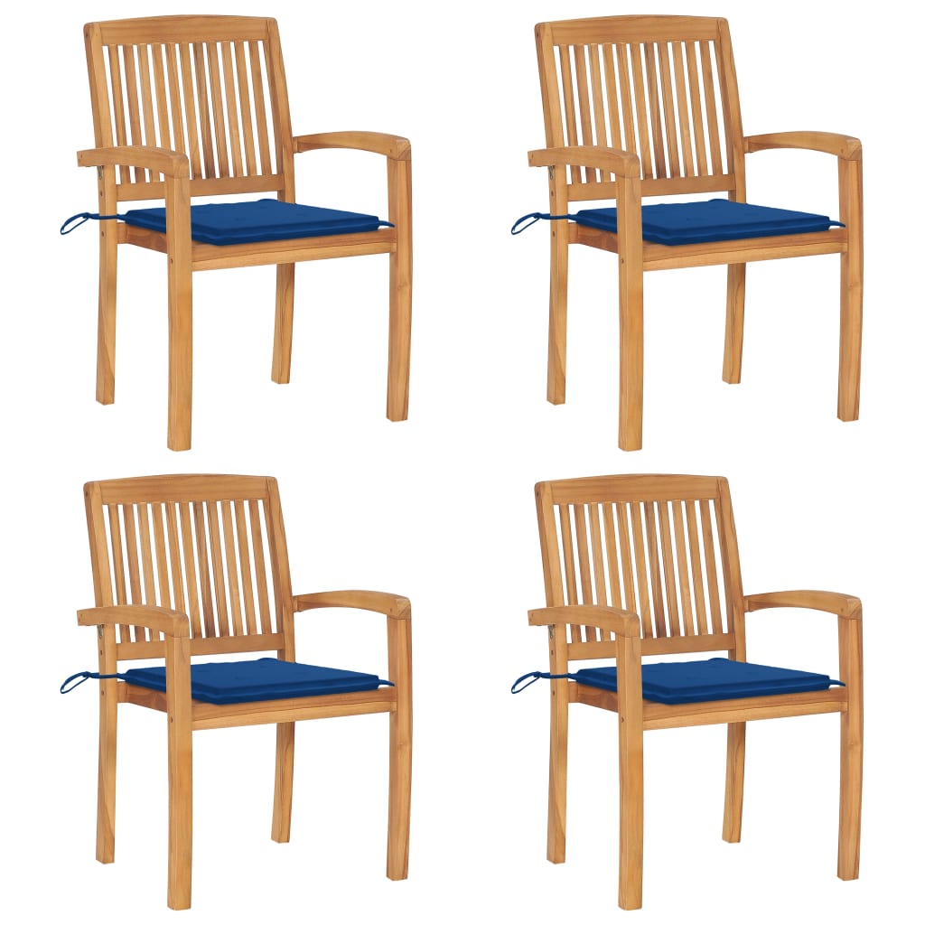 Tuinstoelen stapelbaar 4 st met kussens massief teakhout – afbeelding 1