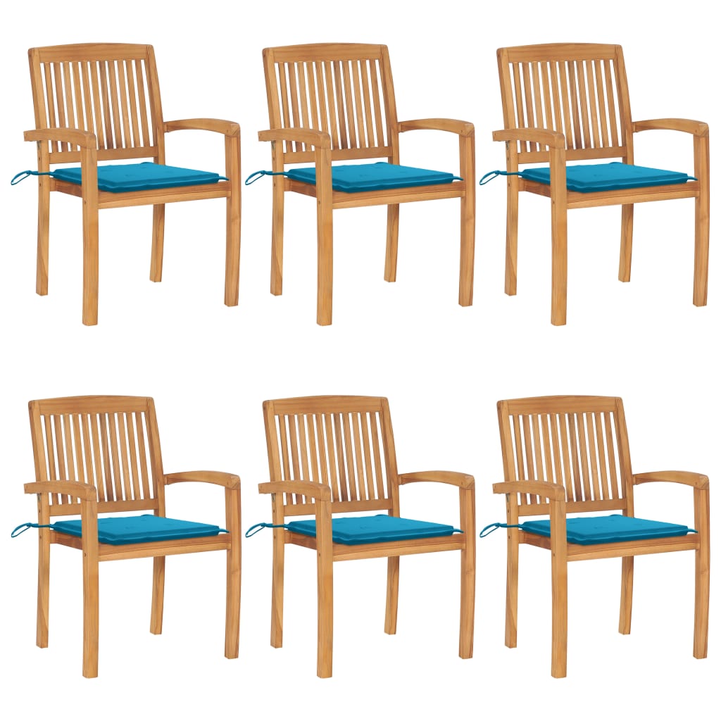 Tuinstoelen stapelbaar 6 st met kussens massief teakhout – afbeelding 1