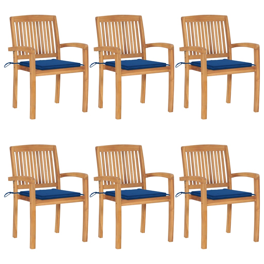 Tuinstoelen stapelbaar 6 st met kussens massief teakhout – afbeelding 1