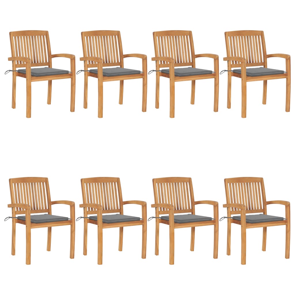 Tuinstoelen stapelbaar 8 st met kussens massief teakhout – afbeelding 1
