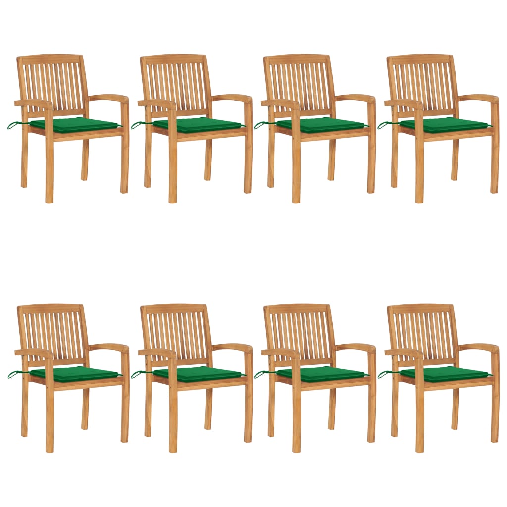 Tuinstoelen stapelbaar 8 st met kussens massief teakhout – afbeelding 1