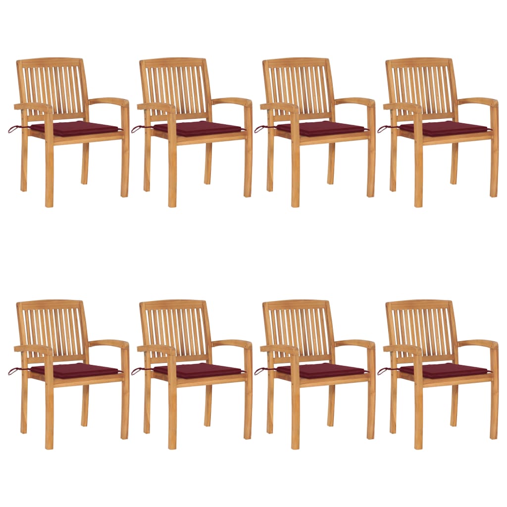 Tuinstoelen stapelbaar 8 st met kussens massief teakhout – afbeelding 1