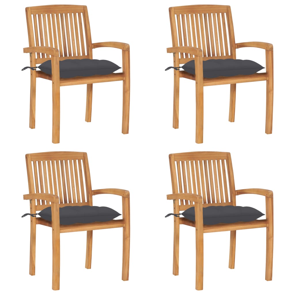Tuinstoelen stapelbaar 4 st met kussens massief teakhout – afbeelding 1