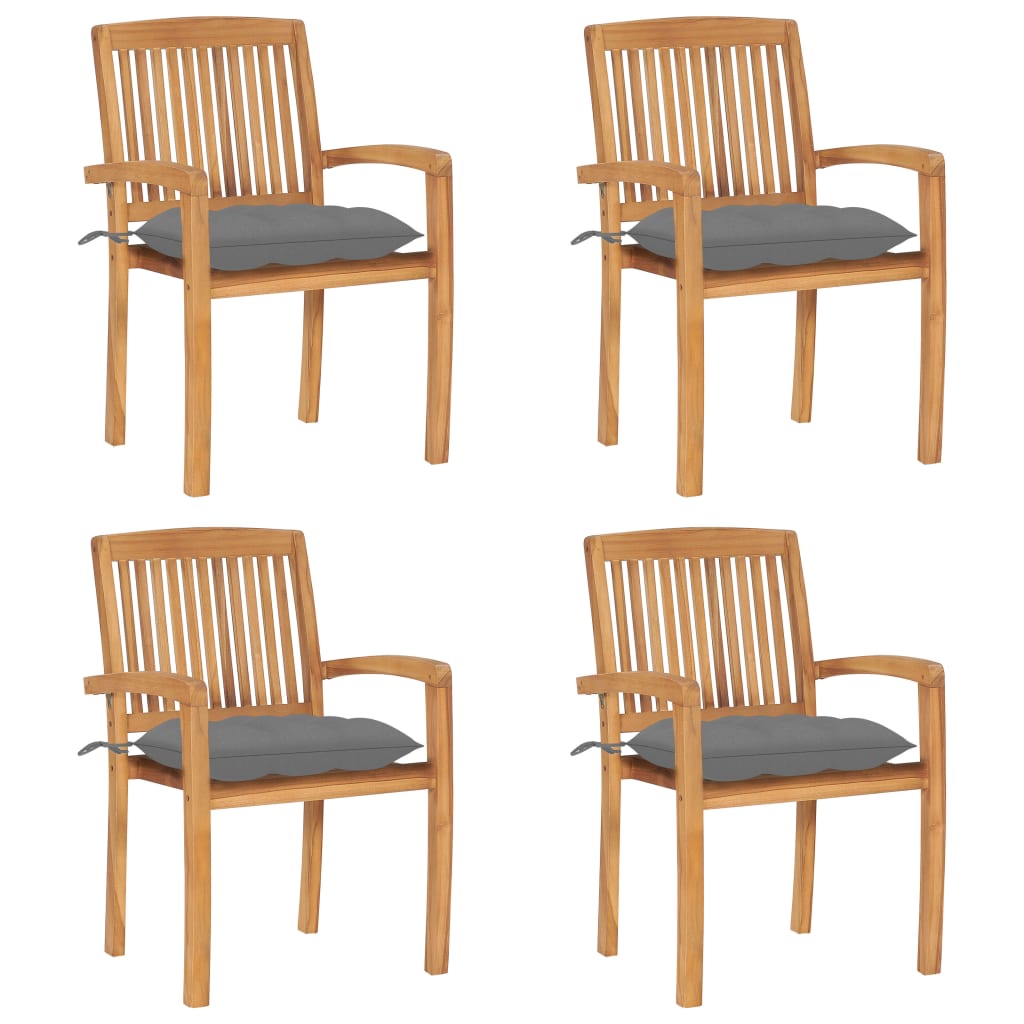Tuinstoelen stapelbaar 4 st met kussens massief teakhout – afbeelding 1