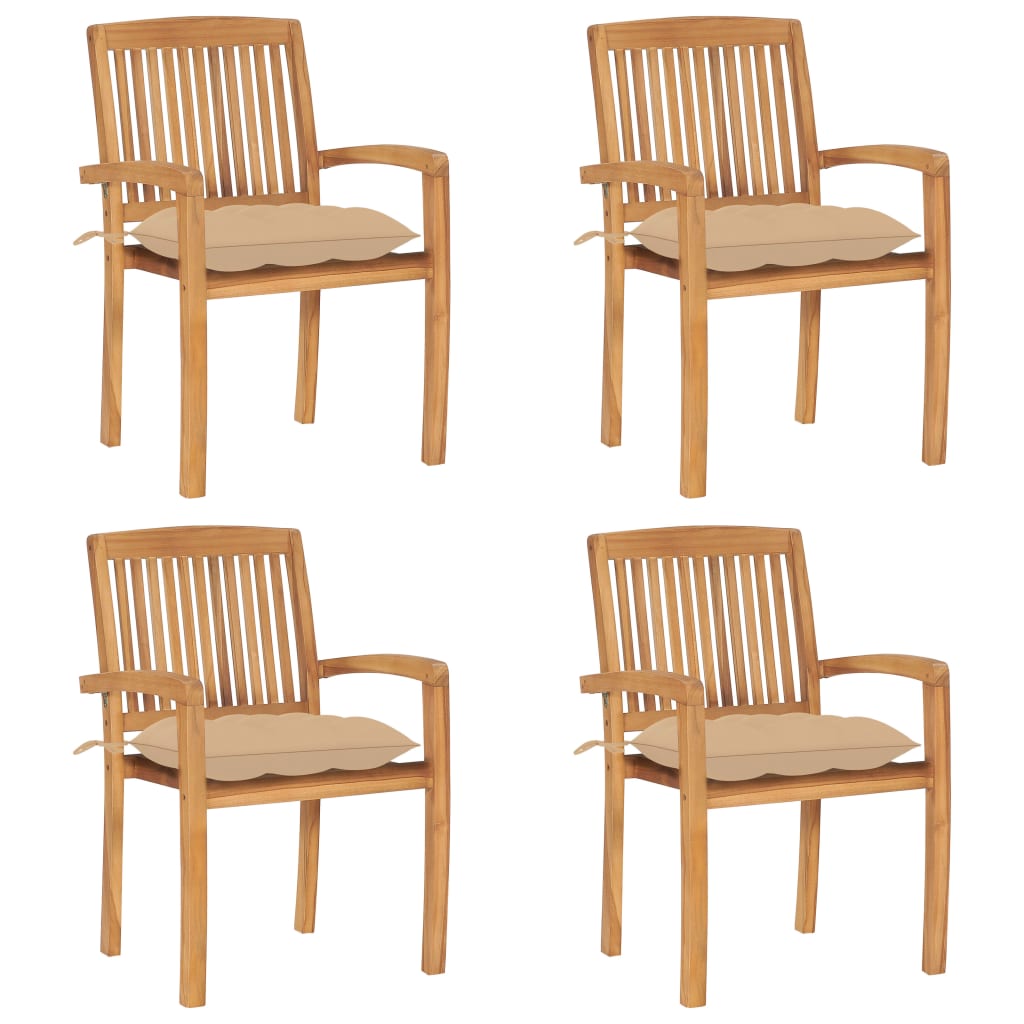 Tuinstoelen stapelbaar 4 st met kussens massief teakhout – afbeelding 1
