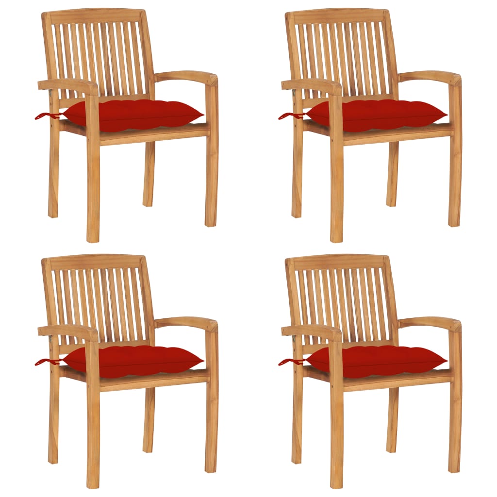 Tuinstoelen stapelbaar 4 st met kussens massief teakhout – afbeelding 1