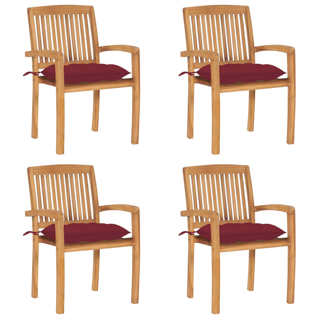 Tuinstoelen stapelbaar 4 st met kussens massief teakhout – afbeelding 1