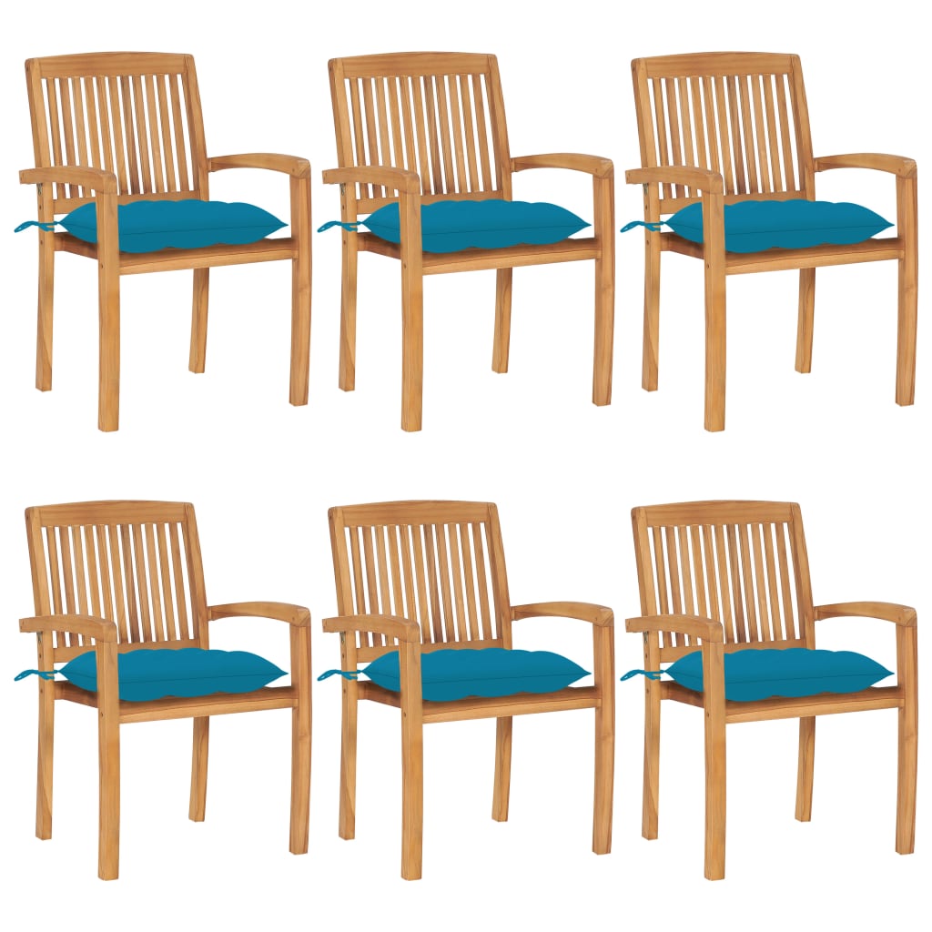 Tuinstoelen stapelbaar 6 st met kussens massief teakhout – afbeelding 1