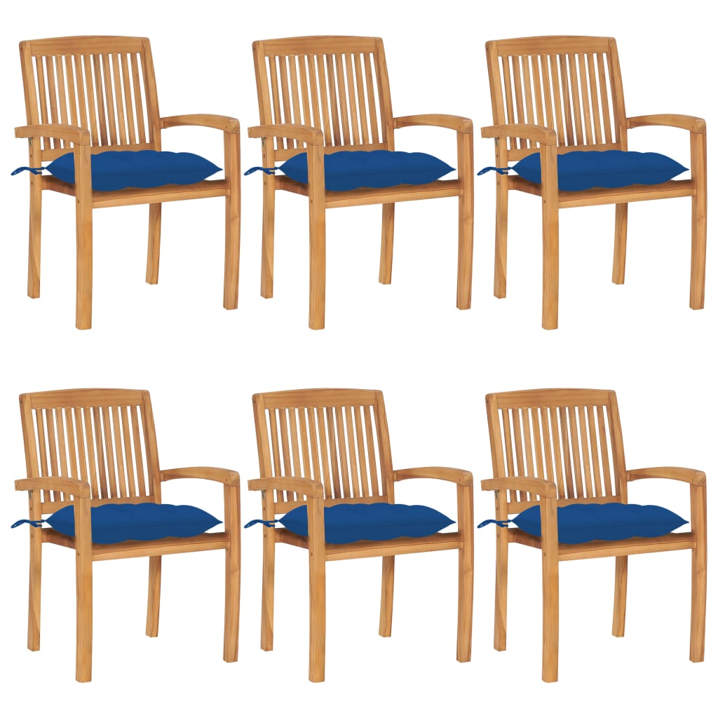Tuinstoelen stapelbaar 6 st met kussens massief teakhout – afbeelding 1