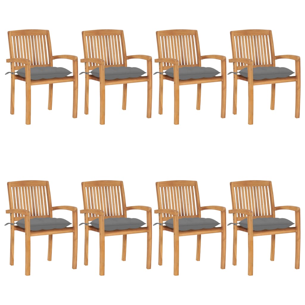 Tuinstoelen stapelbaar 8 st met kussens massief teakhout – afbeelding 1