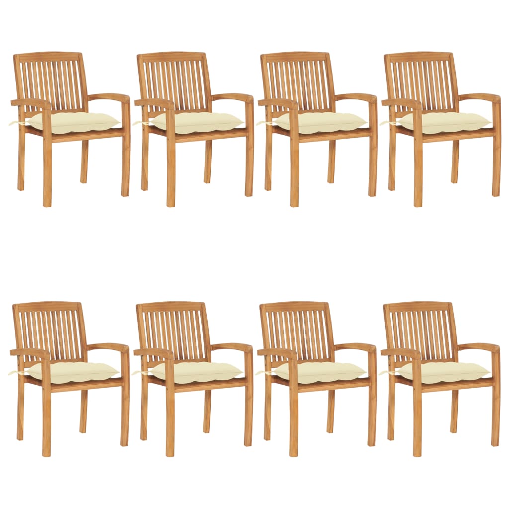 Tuinstoelen stapelbaar 8 st met kussens massief teakhout – afbeelding 1