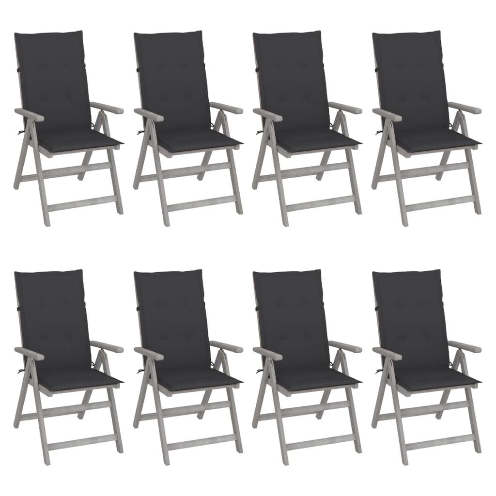 Tuinstoelen 8 st verstelbaar met kussens acaciahout grijs – afbeelding 1