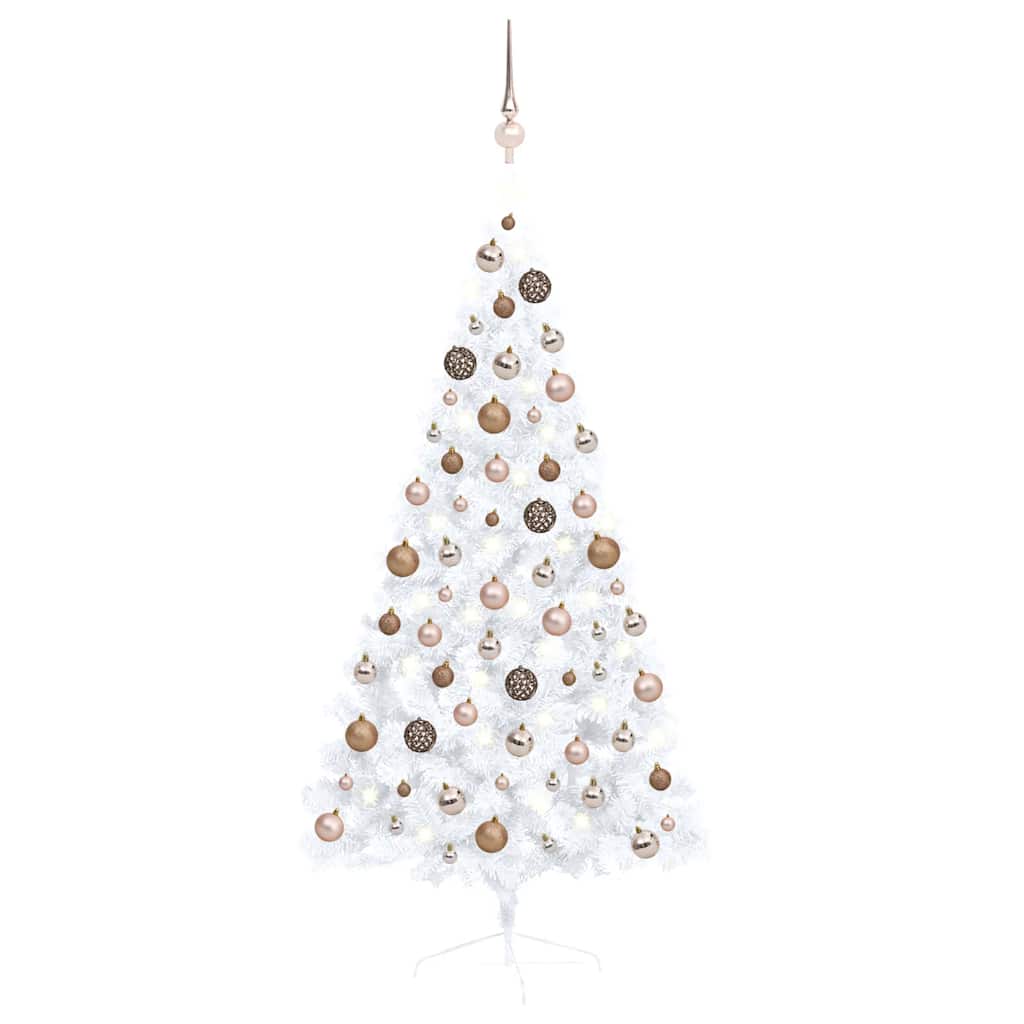 Kunstkerstboom met verlichting en kerstballen half 150 cm wit – afbeelding 1