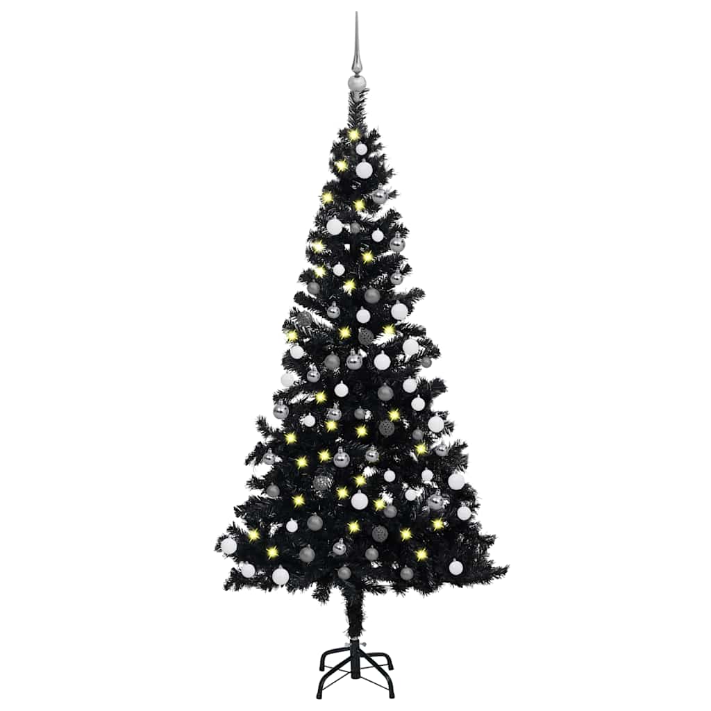 Kunstkerstboom met verlichting en kerstballen 120 cm PVC zwart – afbeelding 1