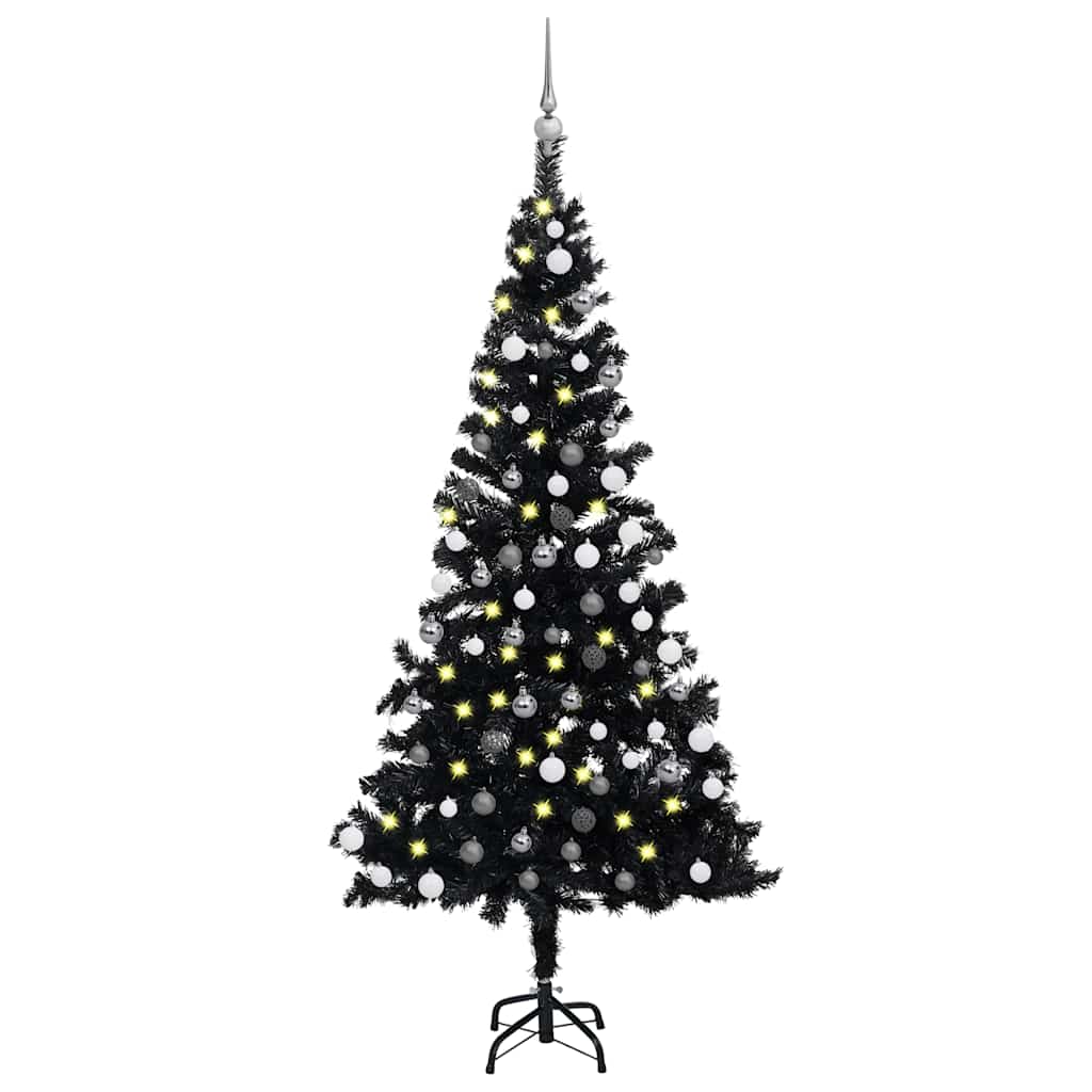Kunstkerstboom met verlichting en kerstballen 150 cm PVC zwart – afbeelding 1