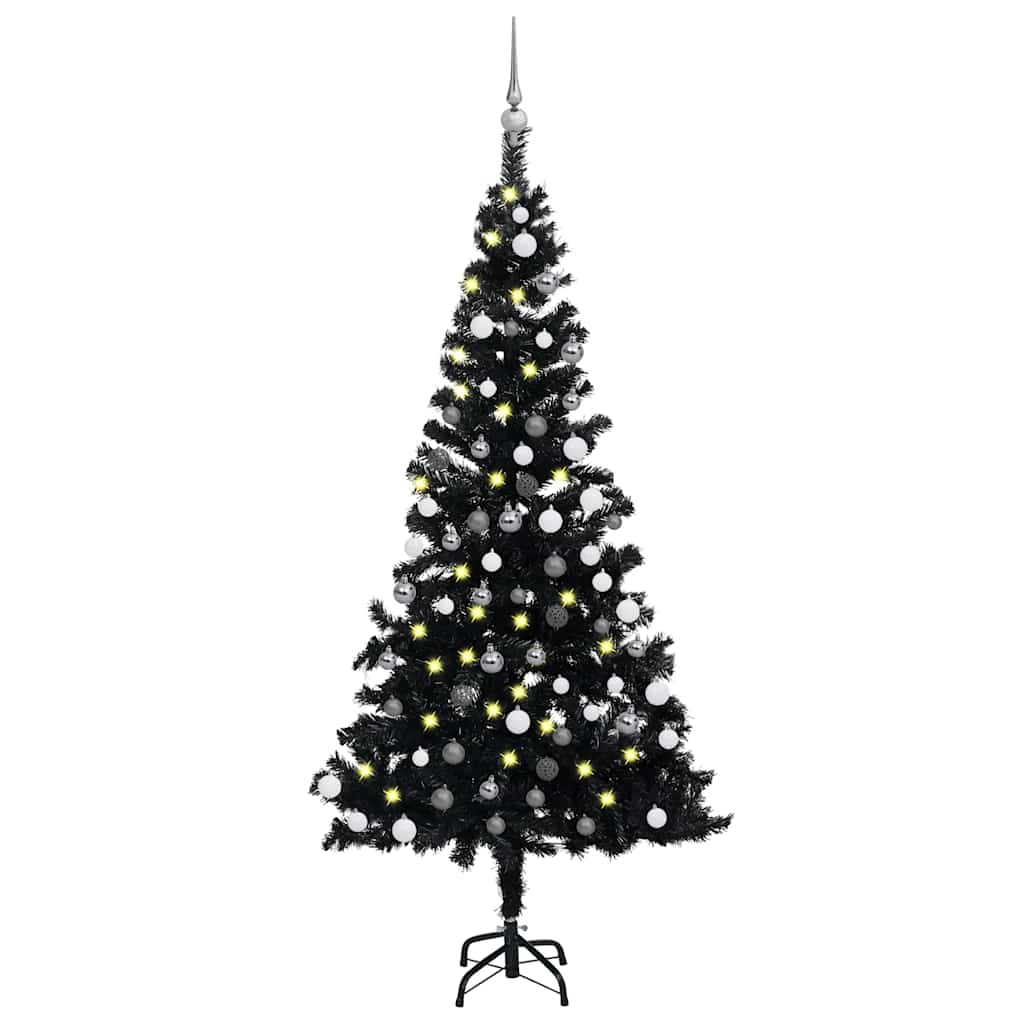 Kunstkerstboom met verlichting en kerstballen 180 cm PVC zwart – afbeelding 1