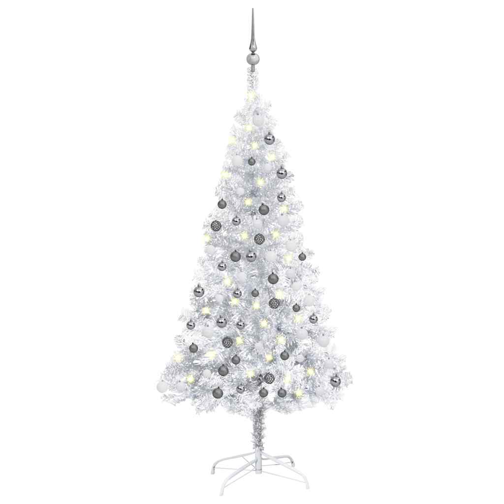 Kunstkerstboom met verlichting en kerstballen 120 cm PET zilver – afbeelding 1