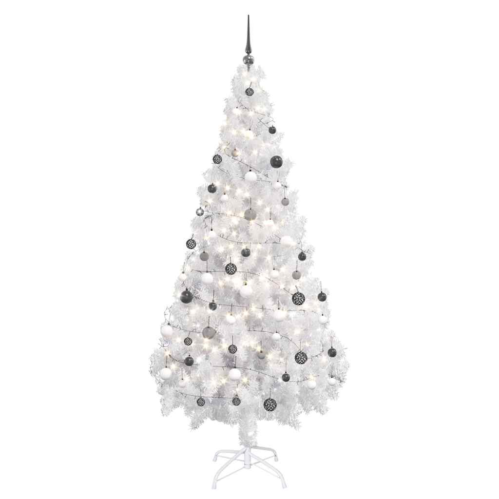 Kunstkerstboom met verlichting en kerstballen 180 cm PVC wit – afbeelding 1