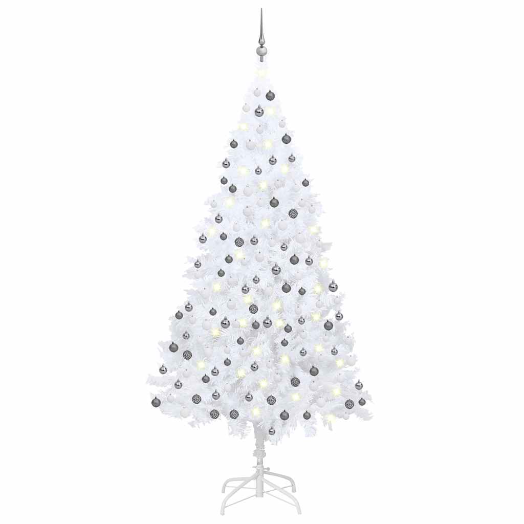 Kunstkerstboom met verlichting en kerstballen 210 cm PVC wit – afbeelding 1