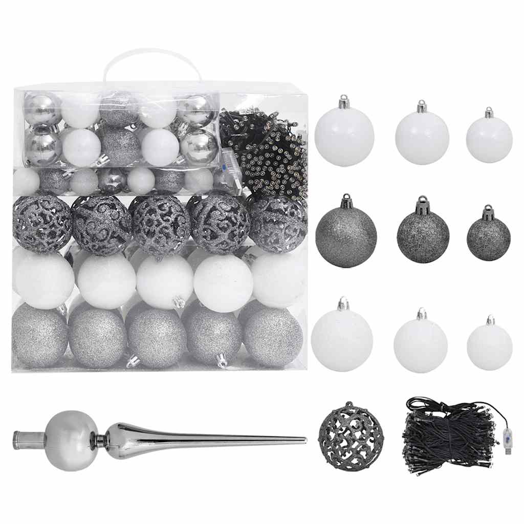 Kunstkerstboom met verlichting en kerstballen 210 cm PVC wit – afbeelding 2