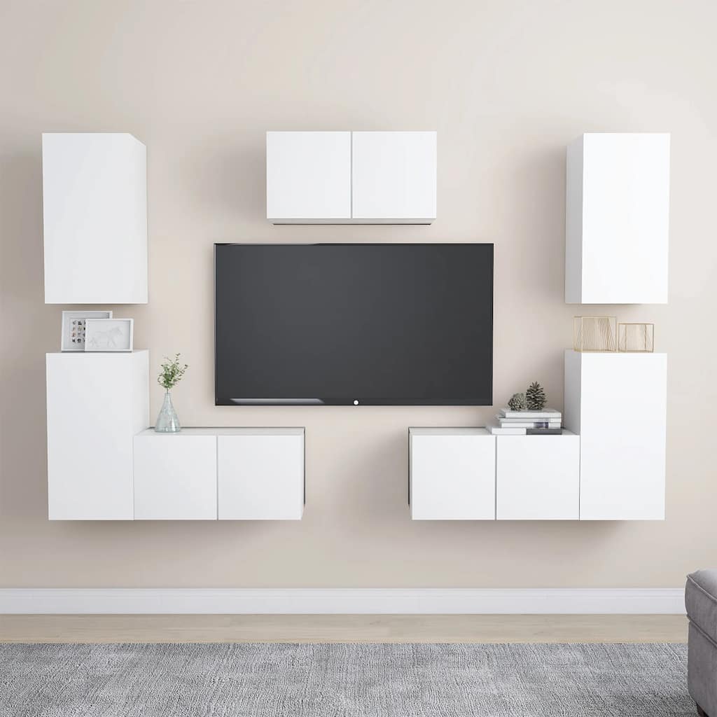 7-delige Tv-meubelset bewerkt hout wit – afbeelding 1