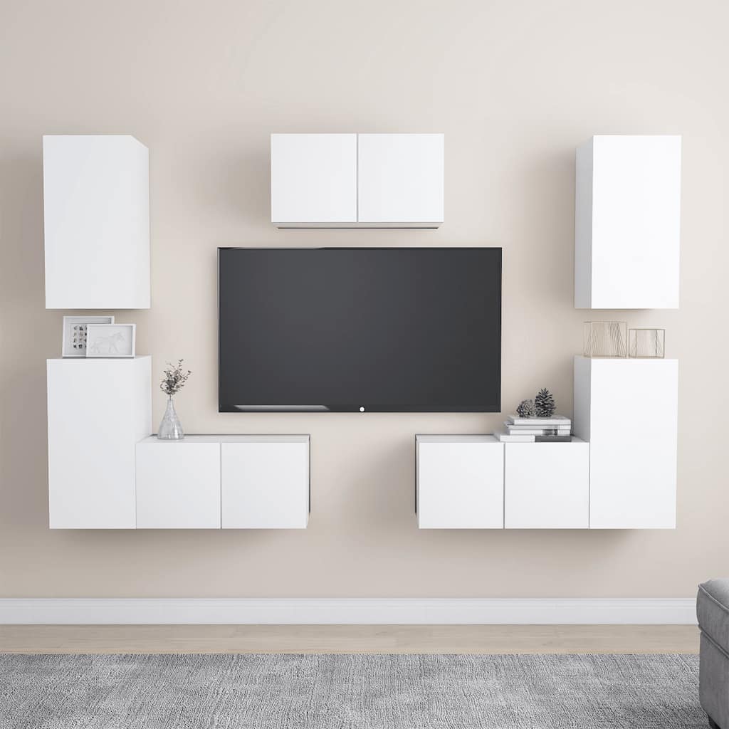 7-delige Tv-meubelset bewerkt hout wit – afbeelding 1