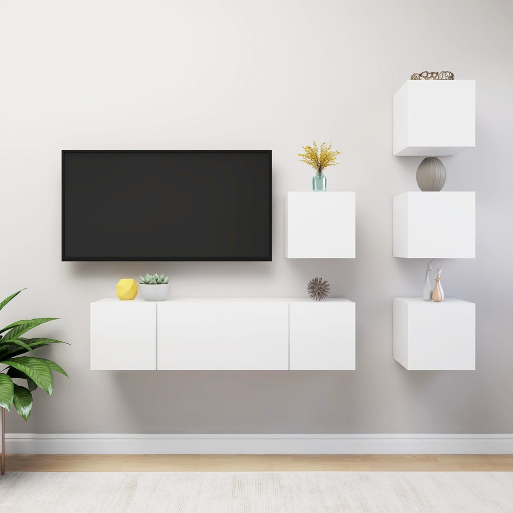 6-delige Tv-meubelset bewerkt hout wit – afbeelding 1