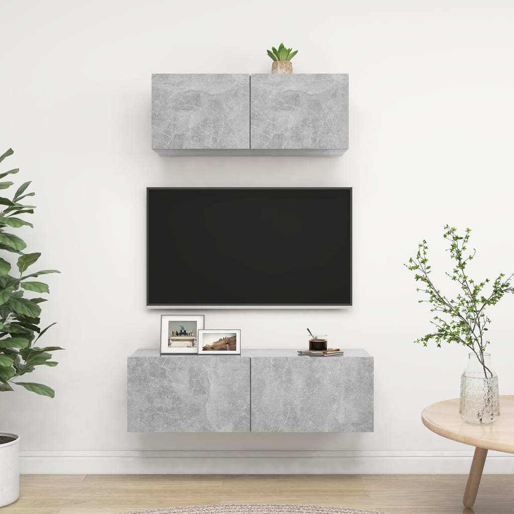 2-delige Tv-meubelset bewerkt hout betongrijs – afbeelding 1