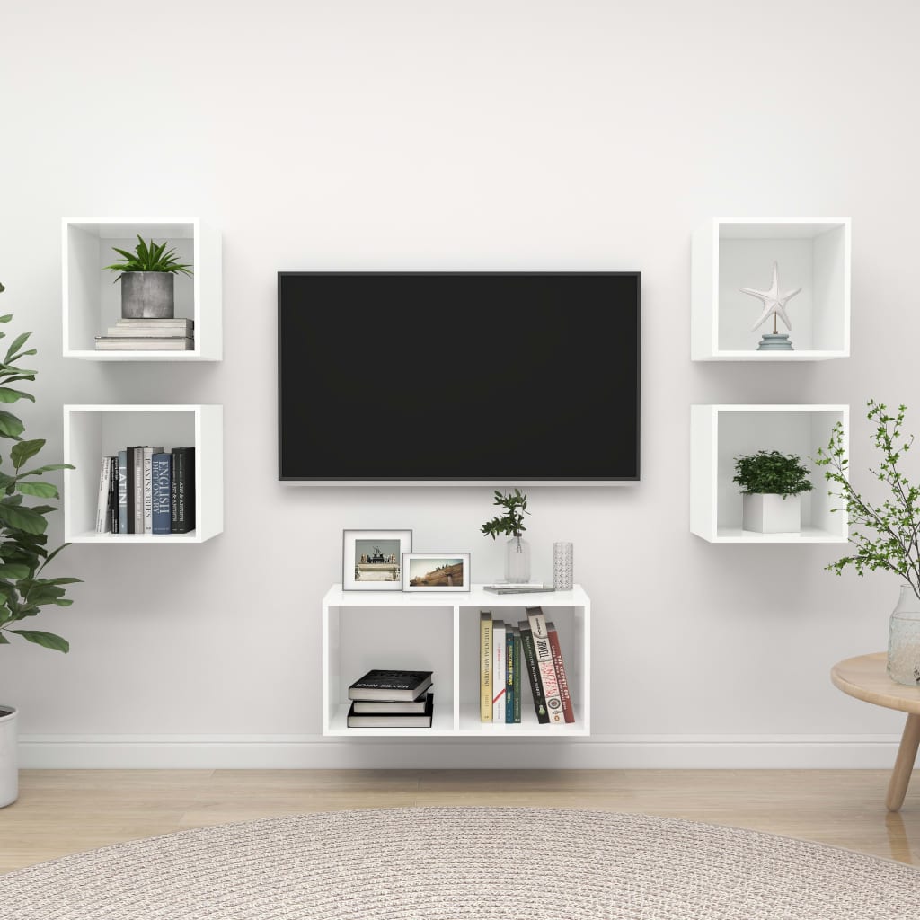 5-delige Tv-meubelset bewerkt hout wit – afbeelding 1