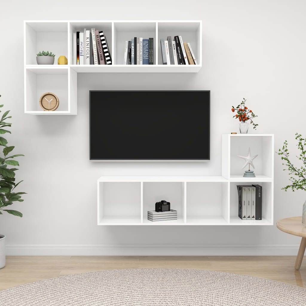 4-delige Tv-meubelset bewerkt hout wit – afbeelding 1