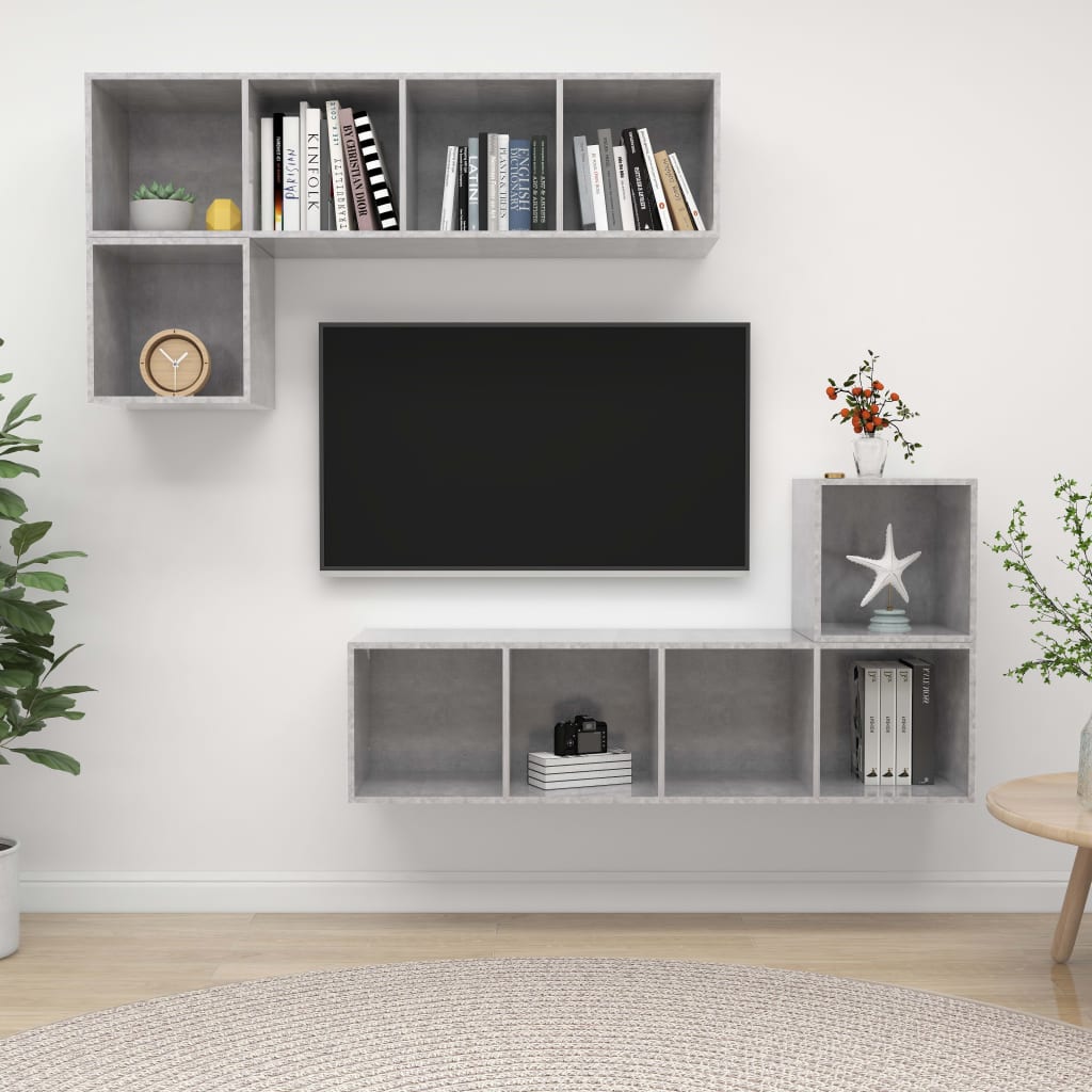 4-delige Tv-meubelset spaanplaat betongrijs – afbeelding 1