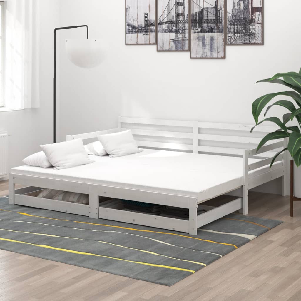 Slaapbank uitschuifbaar massief grenenhout wit 2x(90x200) cm – afbeelding 1