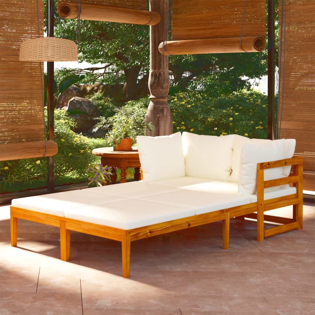 Ligstoelen 2 st met crèmewitte kussens acaciahout – afbeelding 1