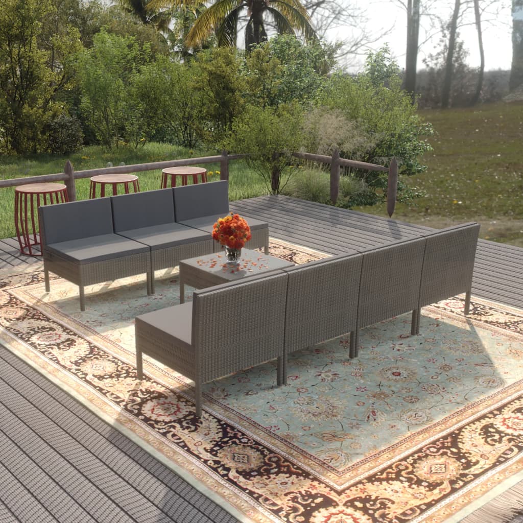 8-delige Loungeset met kussens poly rattan grijs – afbeelding 1