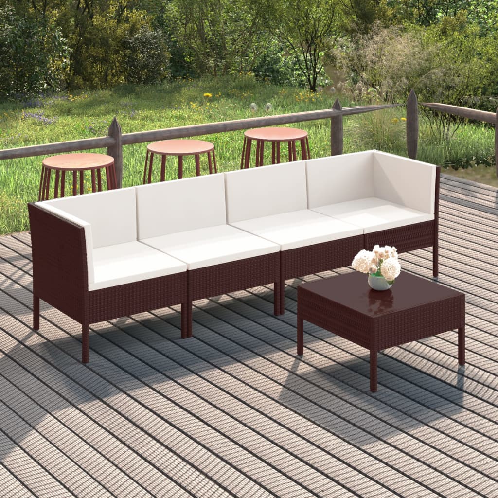 5-delige Loungeset met kussens poly rattan bruin – afbeelding 1
