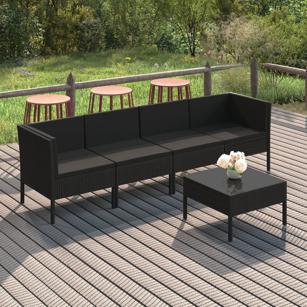 5-delige Loungeset met kussens poly rattan zwart – afbeelding 1
