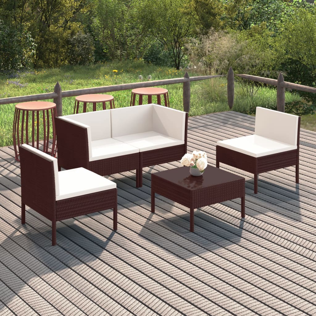 5-delige Loungeset met kussens poly rattan bruin – afbeelding 1