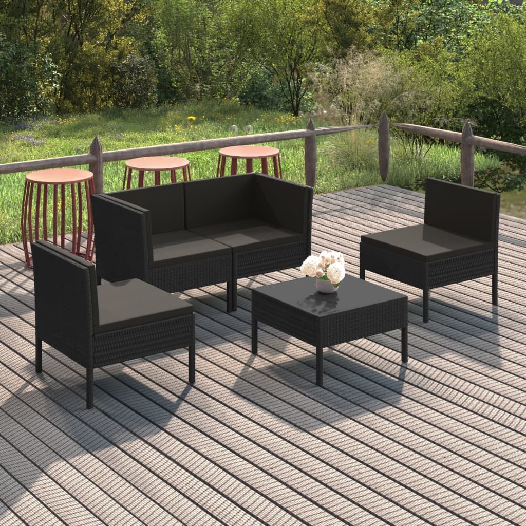 5-delige Loungeset met kussens poly rattan zwart – afbeelding 1