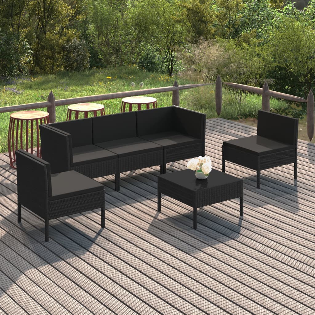 6-delige Loungeset met kussens poly rattan zwart – afbeelding 1