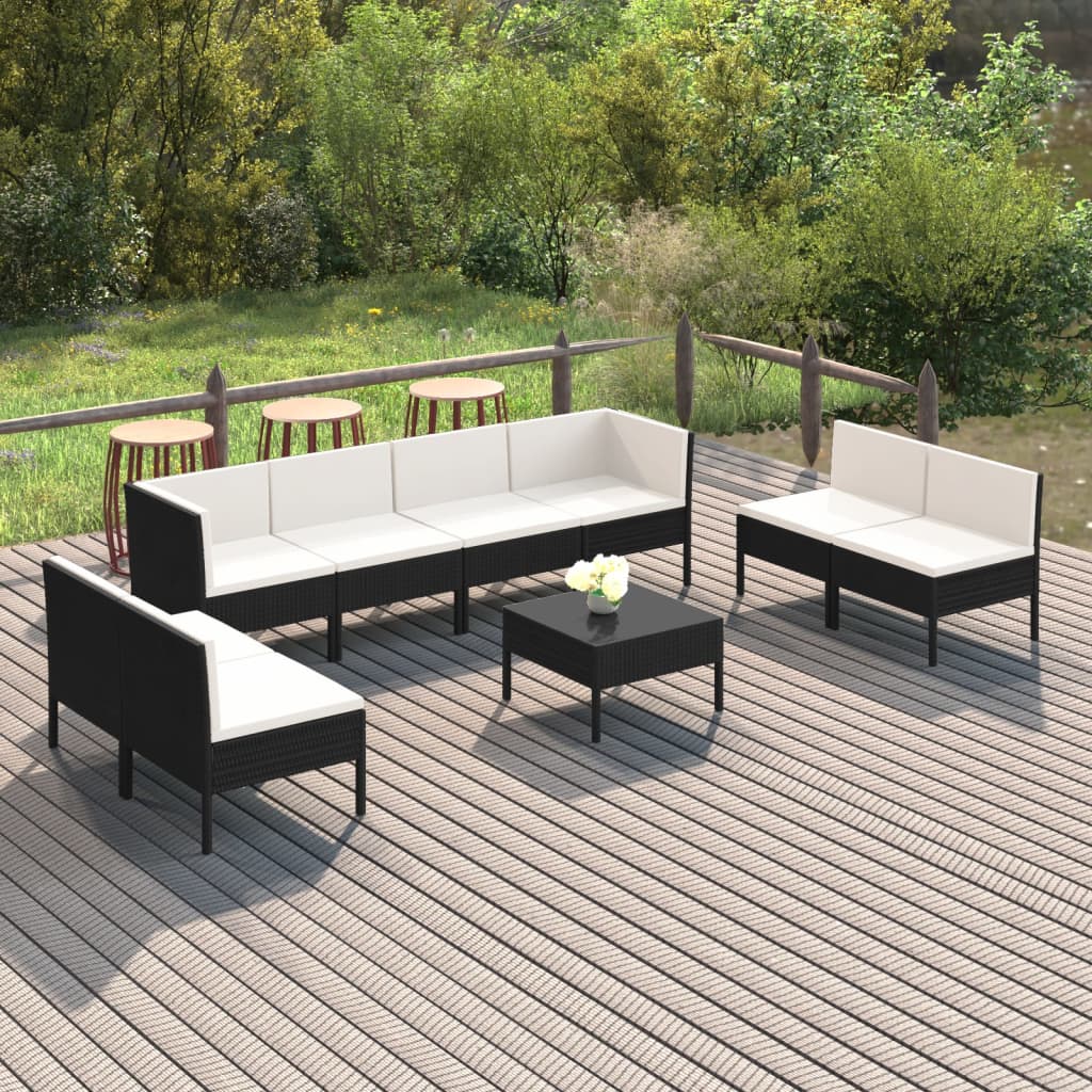 9-delige Loungeset met kussens poly rattan zwart – afbeelding 1