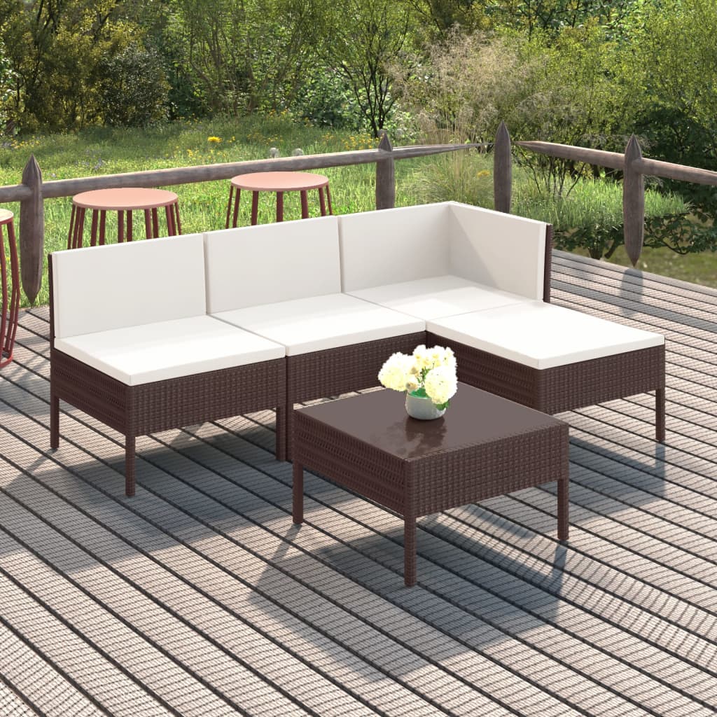 5-delige Loungeset met kussens poly rattan bruin – afbeelding 1